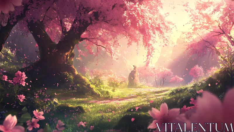 Enchanted cherry blossom grove glows in gentle morning light.