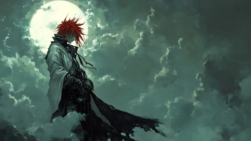 Red haired warrior silhouette before full moon in storm clouds