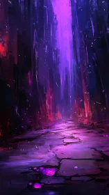 Narrow stone path recedes into tall neon purple alley