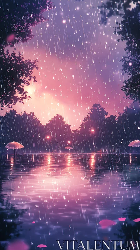 Rainfall over glowing lake at sunset with umbrellas