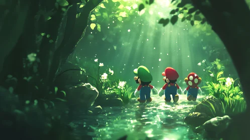 Cartoon plumbers and mushroom figure in lush forest stream.