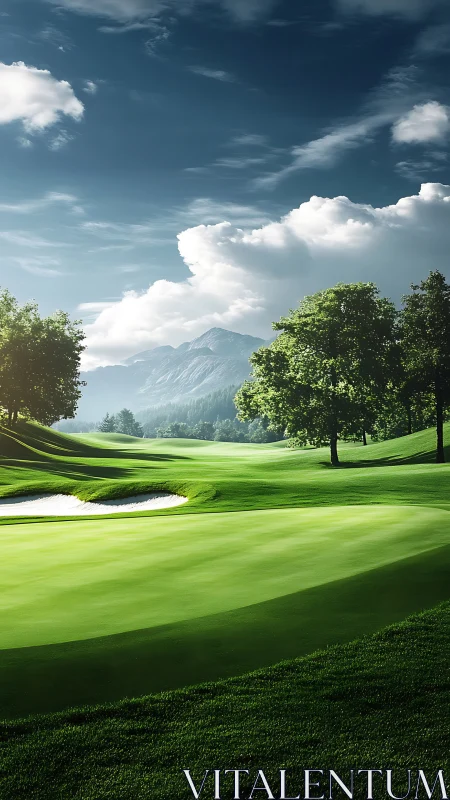 Sunlit championship golf green before distant mountain range.