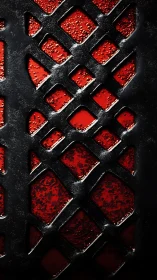 Molten red glow behind a dark geometric metal lattice.