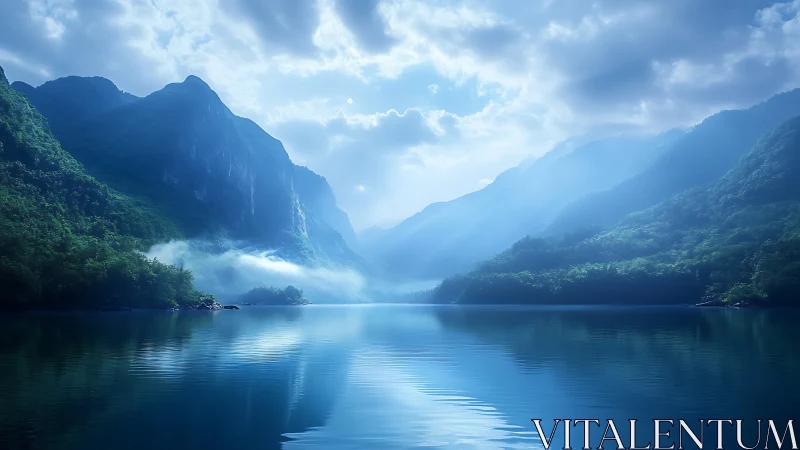 Mountain lake reflects forested slopes under diffused blue light