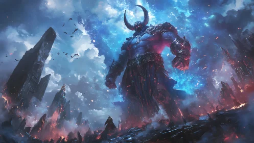Colossal horned guardian strides through a burning skyland.