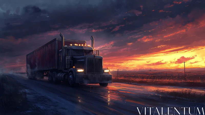 Articulated semi truck traverses wet rural road at saturated sunset