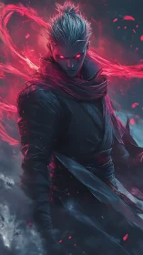 Crimson-eyed shadow warrior strides through swirling embers