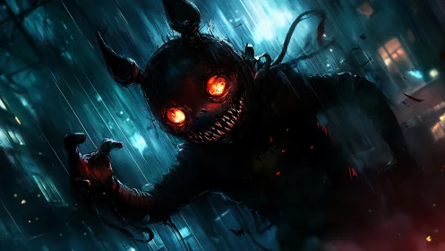 Nightmare trickster stalks neon rain with burning eyes.