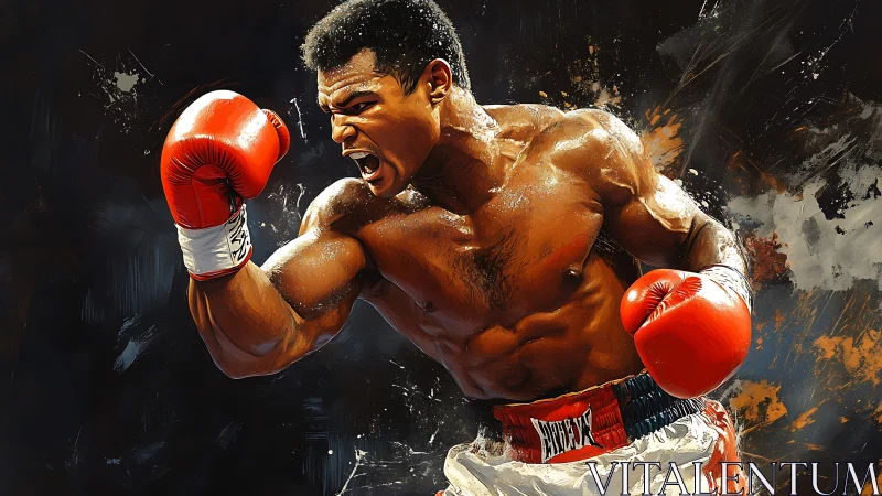 Professional Boxer Executing Powerful Punch in Red Gloves. Dynamic Combat Portrait.