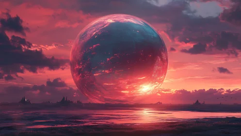 Colossal reflective sphere over alien tidal flats at sunset