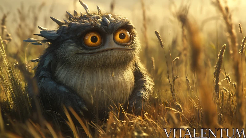 Fuzzy yellow-eyed creature rests in glowing golden meadow