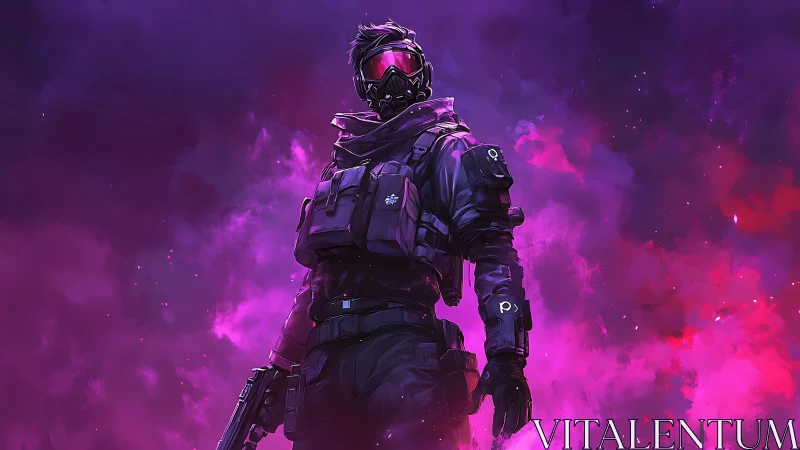 Masked cyber soldier stands in neon smoke-filled battlefield