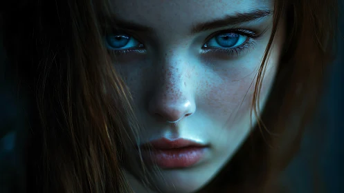 Quiet blue gaze framed by freckles and soft auburn hair.