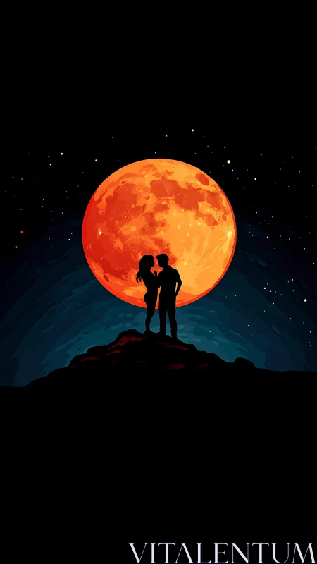 Couple silhouetted against large orange moon night sky.