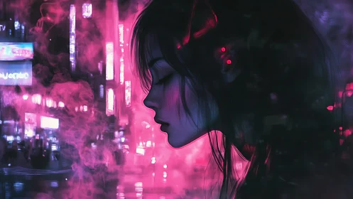 Cyberpunk profile portrait in neon magenta fogscape composition.