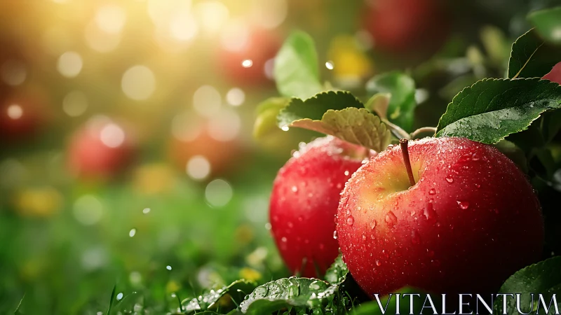 Red apples with dewdrops on grass under soft daylight.