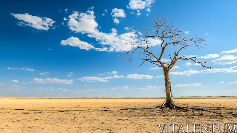 Lone Bare Tree in Sunny Desert Landscape, Minimalist Nature Scene.