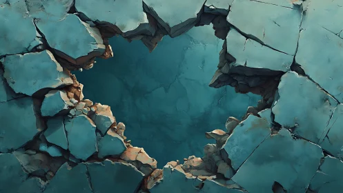 Shattered turquoise stone floor exposes deep fractured void.