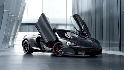 Midnight supercar poised like a winged predator in glasshouse.