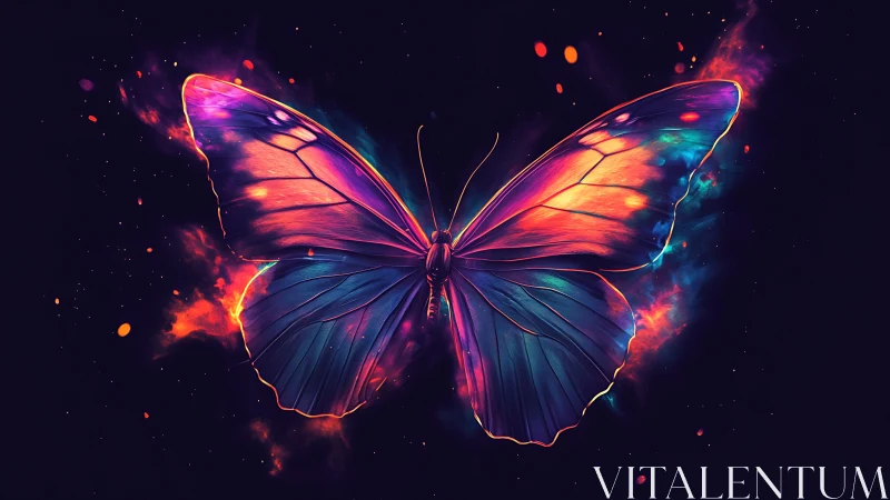 Neon cosmic butterfly spreads iridescent wings in void