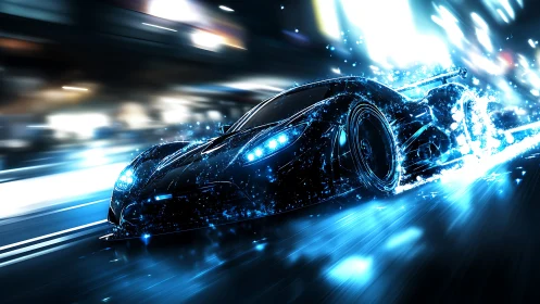 Electric blue hypercar streaking through neon city night.