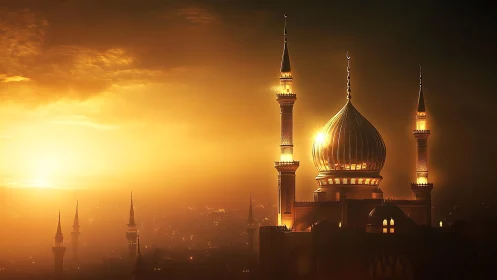 Golden domed mosque at sunset with atmospheric lighting.