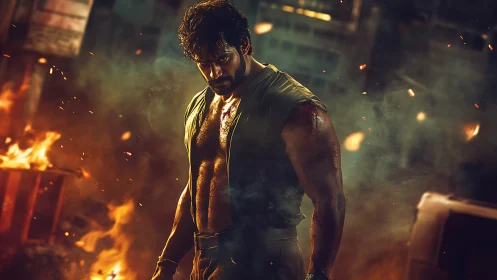 Battle-scarred urban warrior glowing in molten streetlight.