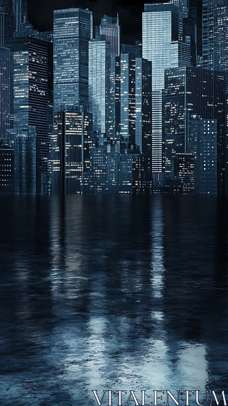 Nocturnal glass towers shimmering over restless waterline.