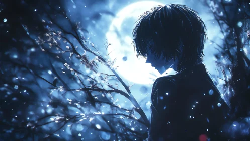 Moonlit anime boy stands in glowing blue forest night.