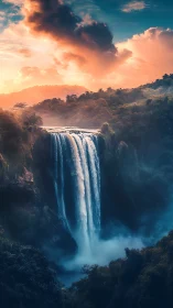 Sunlit jungle waterfall plunges into misty twilight gorge