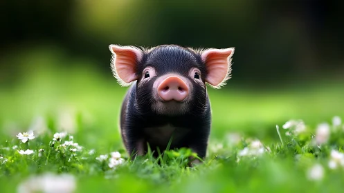 Micro piglet in shallow-depth meadow, high dynamic clarity.