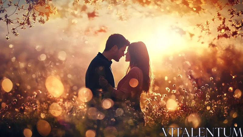 Silhouetted Couple Embracing in Golden Sunset Bokeh.