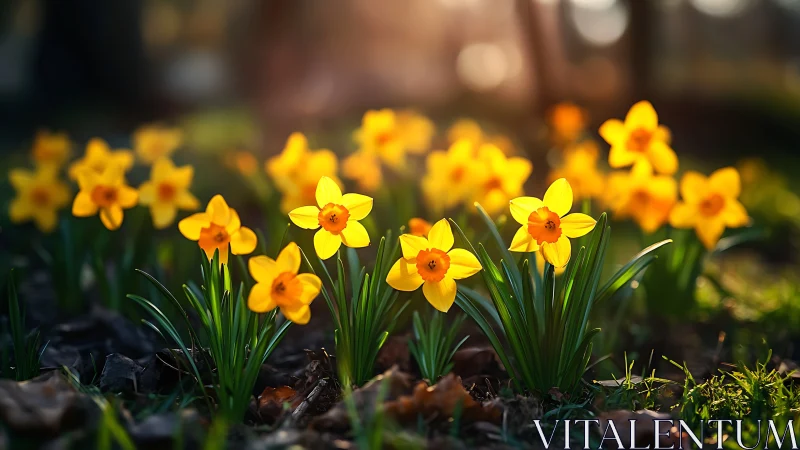Spring daffodils bloom in garden soil with selective focus