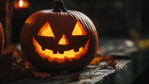 Glowing jack o lantern rests on weathered wooden table at night