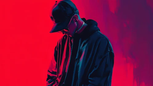 Hooded streetwear figure in neon red and blue light profile