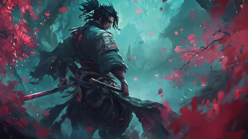 Samurai warrior in teal forest with crimson foliage digital painting.