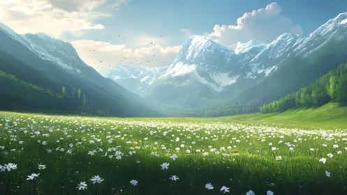 Wildflower kingdom under watchful snowcapped guardians.