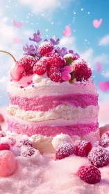 Layered Raspberry Cake with Floral Garnish.