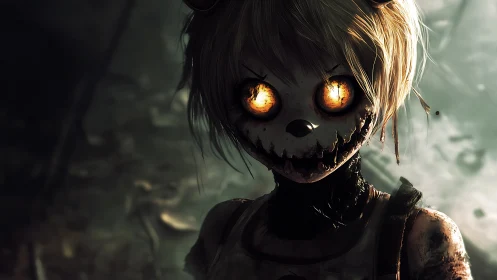 Haunting doll girl with glowing eyes in eerie shadows.