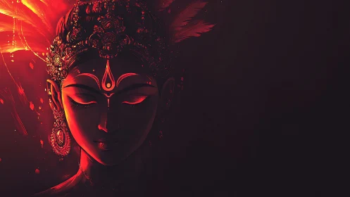 Divine feminine portrait glows within deep crimson shadows