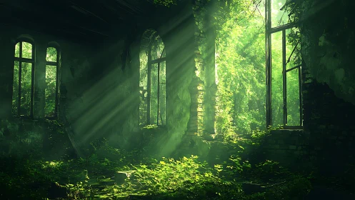 Sunlit overgrown interior of abandoned stone building ruins.