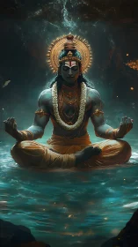 Divine blue-skinned yogi in jeweled crown meditating over water