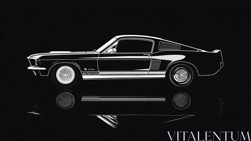 Midnight muscle car silhouette cruises on mirror-black road