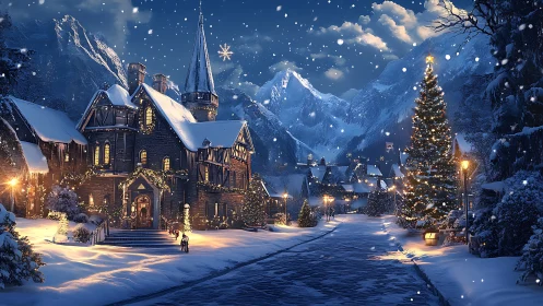 Midnight snowfall crowns a storybook alpine Christmas street.