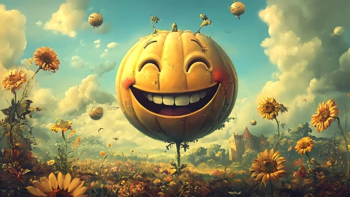 Smiling pumpkin balloon sharing sunshine over happy fields.