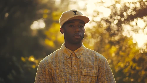Man in yellow shirt and cap stands outdoors at golden hour