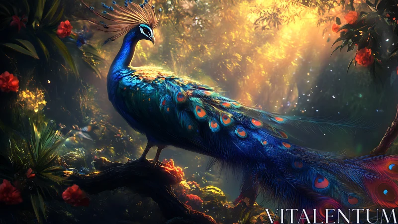Vibrant blue peacock standing on branch in glowing forest.