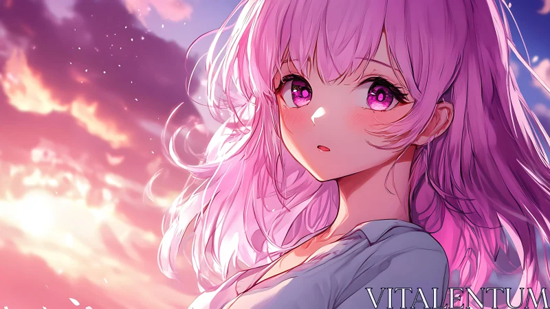 Chromatic dusk portrait of pink haired anime girl profile.