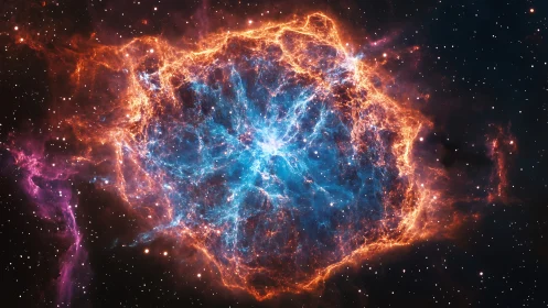 Radiant blue-orange nebula cloud in deep starfield sky.