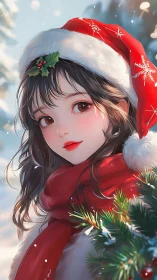 Girl in red Santa hat beside winter greenery outdoors.